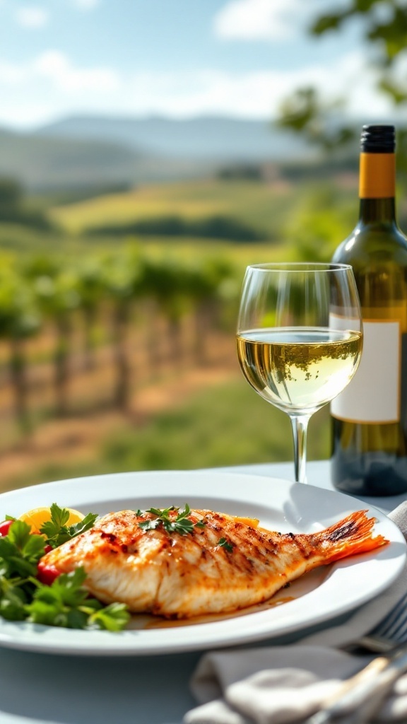 A beautifully plated baked fish dish alongside a glass of white wine, set in a scenic vineyard backdrop.