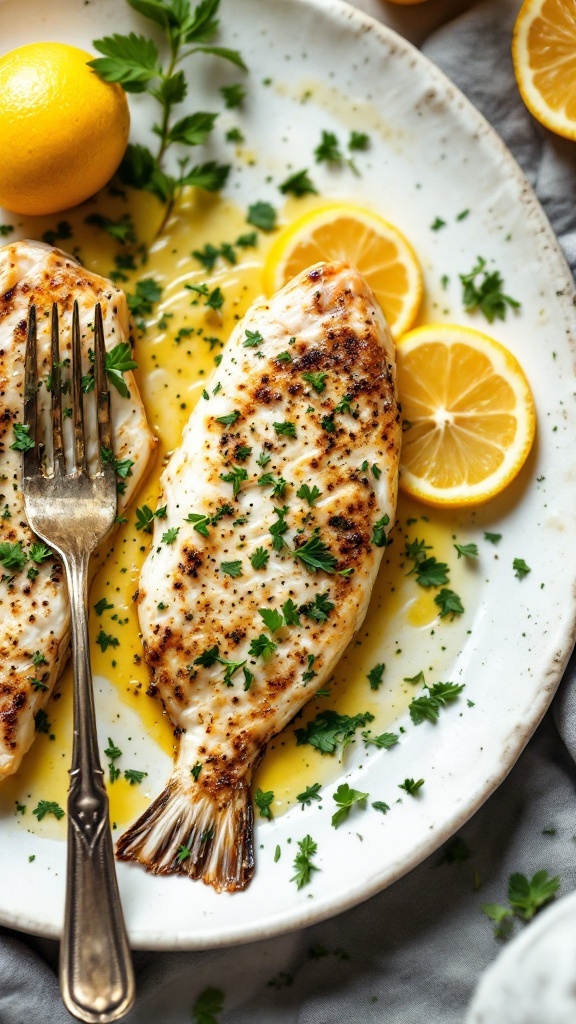 Plated Zesty Lemon Butter Fish Fillet with lemon slices and parsley