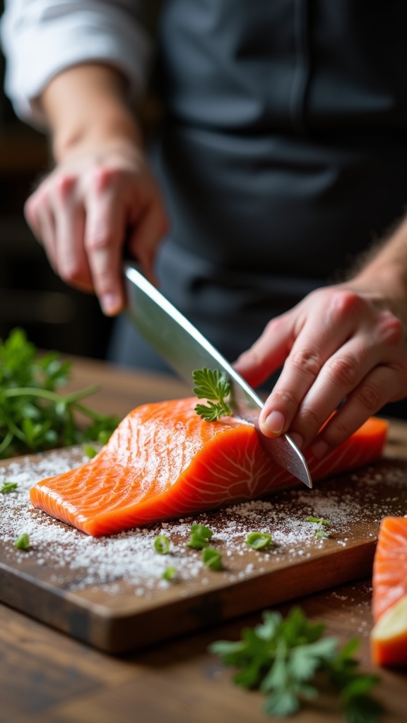 Salmon fillet being prepared with fresh ingredients