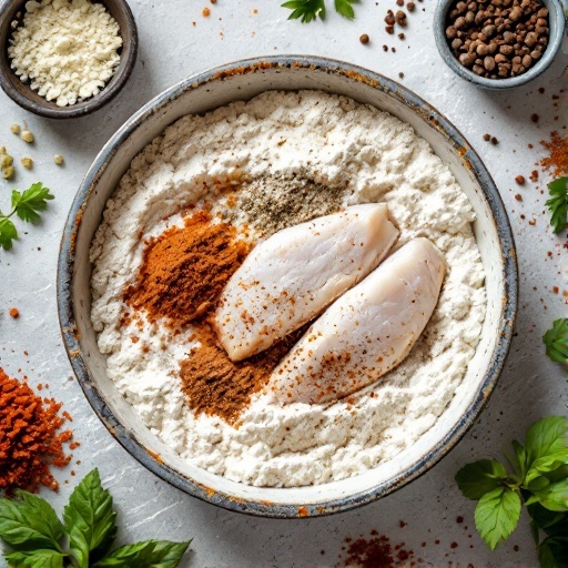 A bowl of flour with spices and cod fillets ready for coating