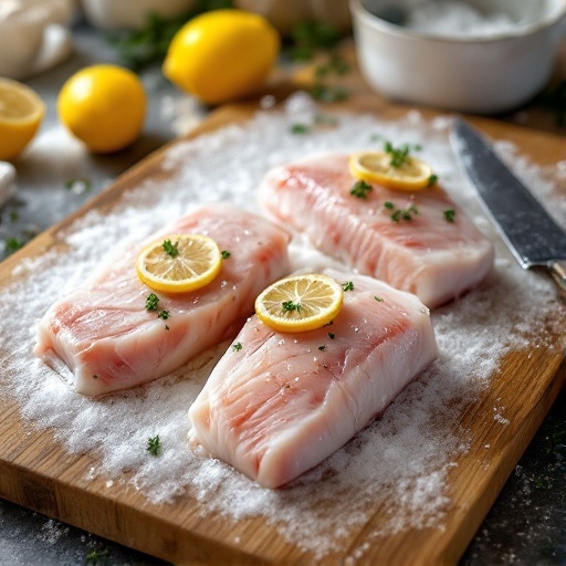 Fresh cod fillets prepared with lemon slices and herbs