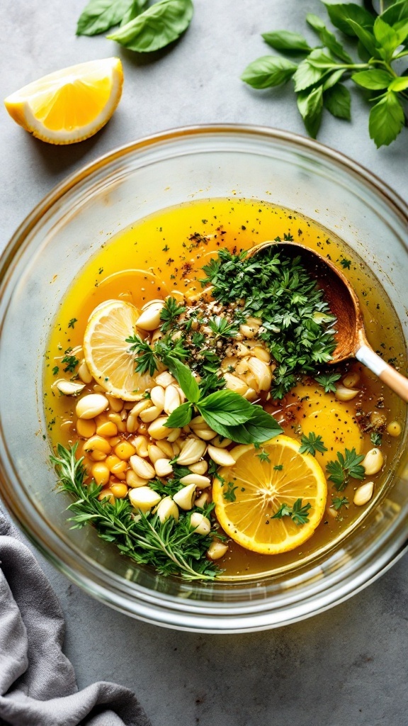 A bowl filled with a vibrant marinade made from olive oil, lemon, garlic, and fresh herbs.