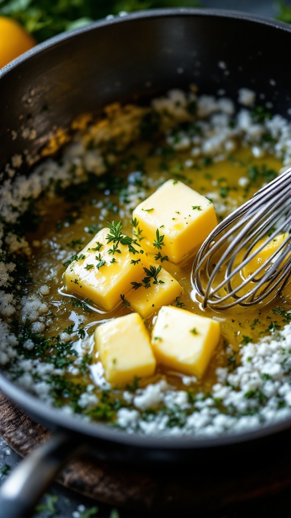 A pan with melting butter, garlic, and herbs, indicating a lemon butter sauce preparation.