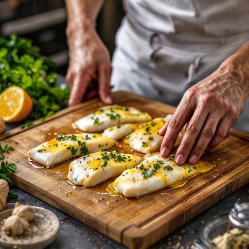 Preparation of tilapia fillets with garlic butter and herbs for baking.