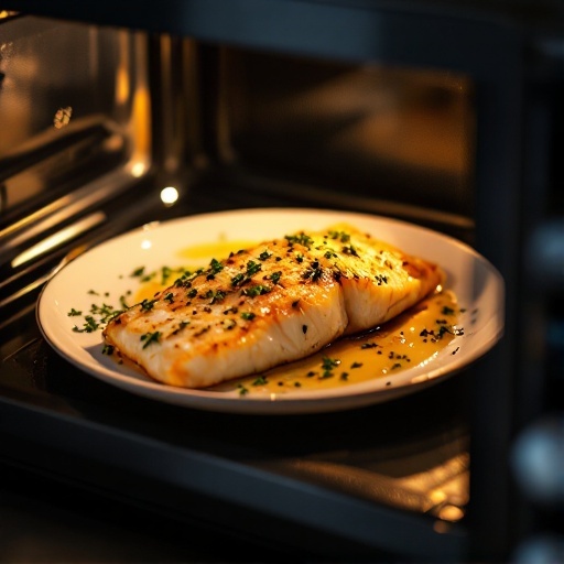 A plate of garlic butter tilapia being reheated in a microwave.