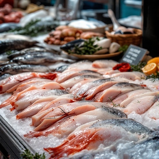 Fresh cod fillets displayed on ice at a fish market