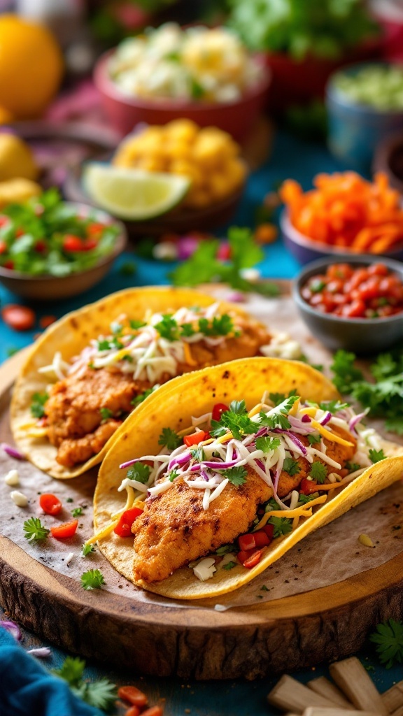 Crispy fish tacos with cilantro lime slaw served on a wooden platter.