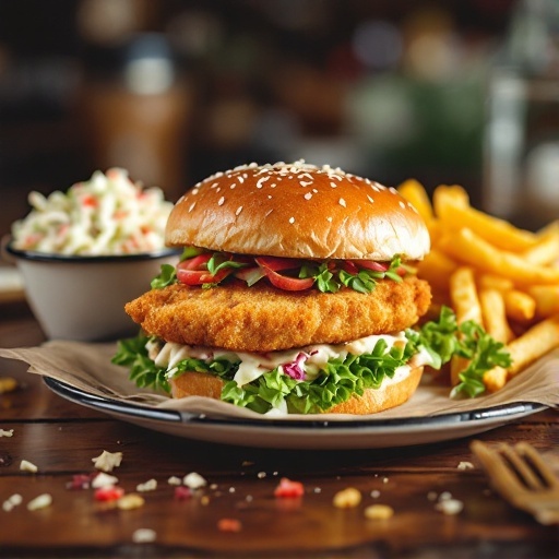 A crispy fried cod sandwich served with fries and coleslaw