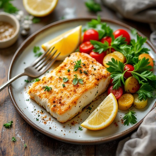 A plate of Parmesan crusted cod with lemon slices and fresh salad.