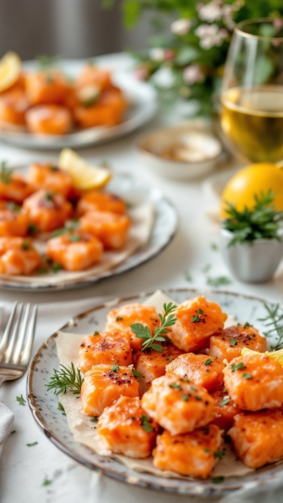 A platter of crispy honey garlic salmon bites garnished with parsley and lemon, perfect for serving at gatherings.