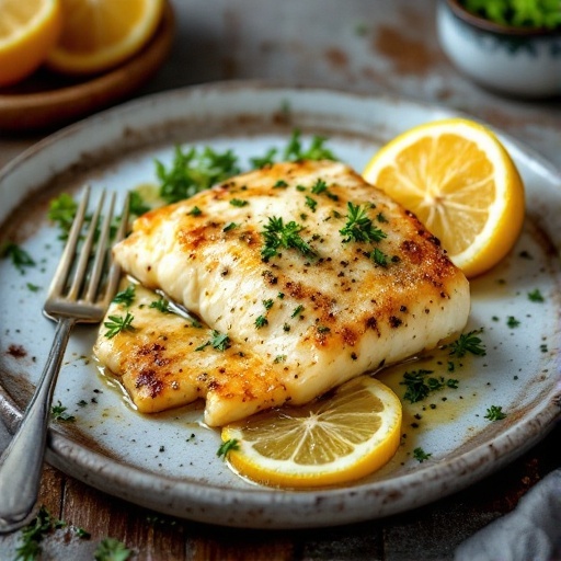 Plate of garlic butter tilapia with lemon slices and parsley