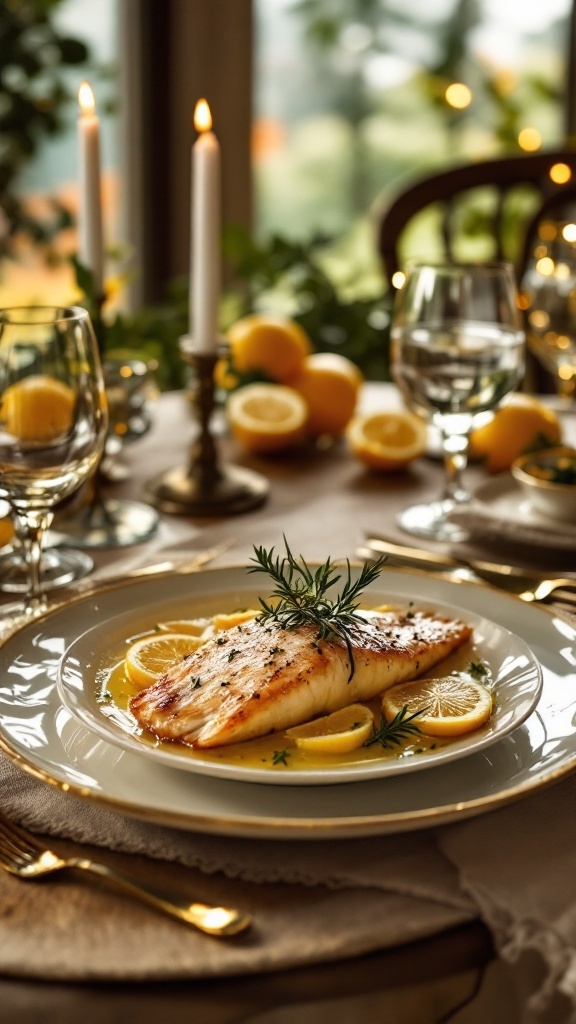 A beautifully plated fish fillet topped with lemon butter sauce, garnished with herbs and served with lemon slices.