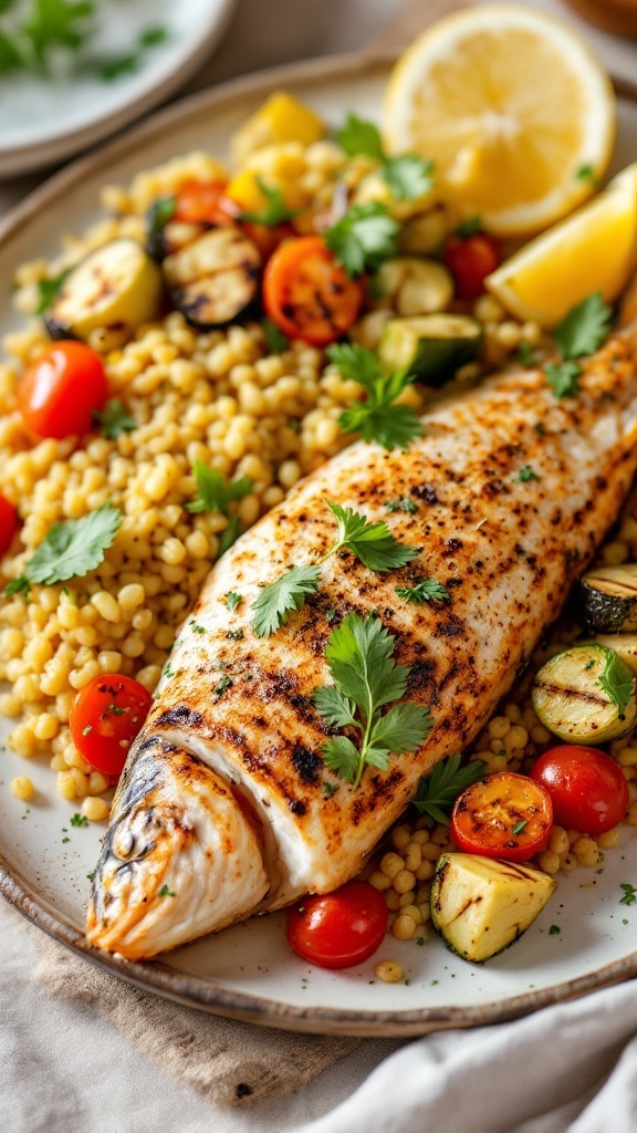 A plate of Mediterranean baked fish served with couscous and roasted vegetables.