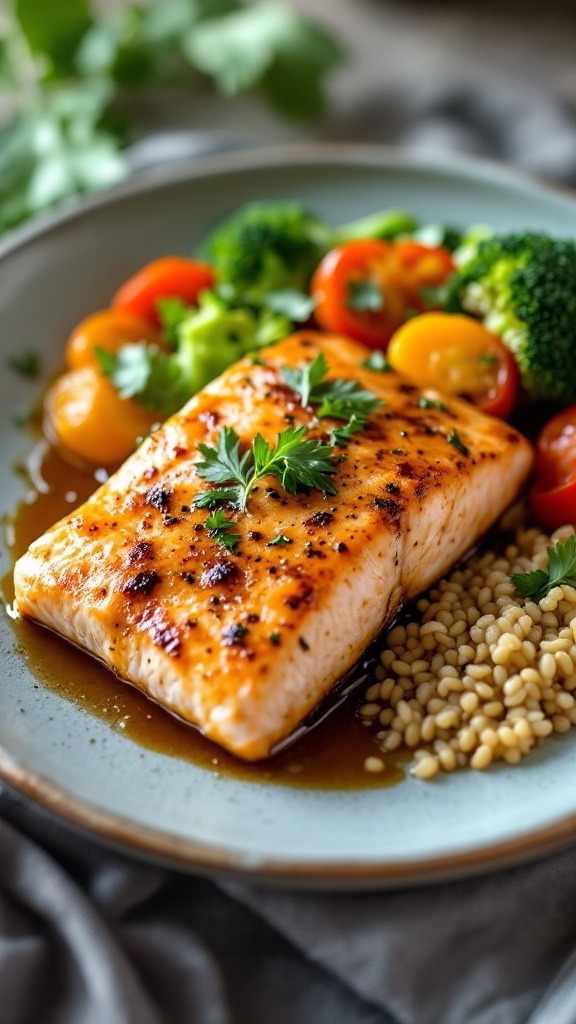 A plate of Cajun honey butter salmon served with vegetables and grains.