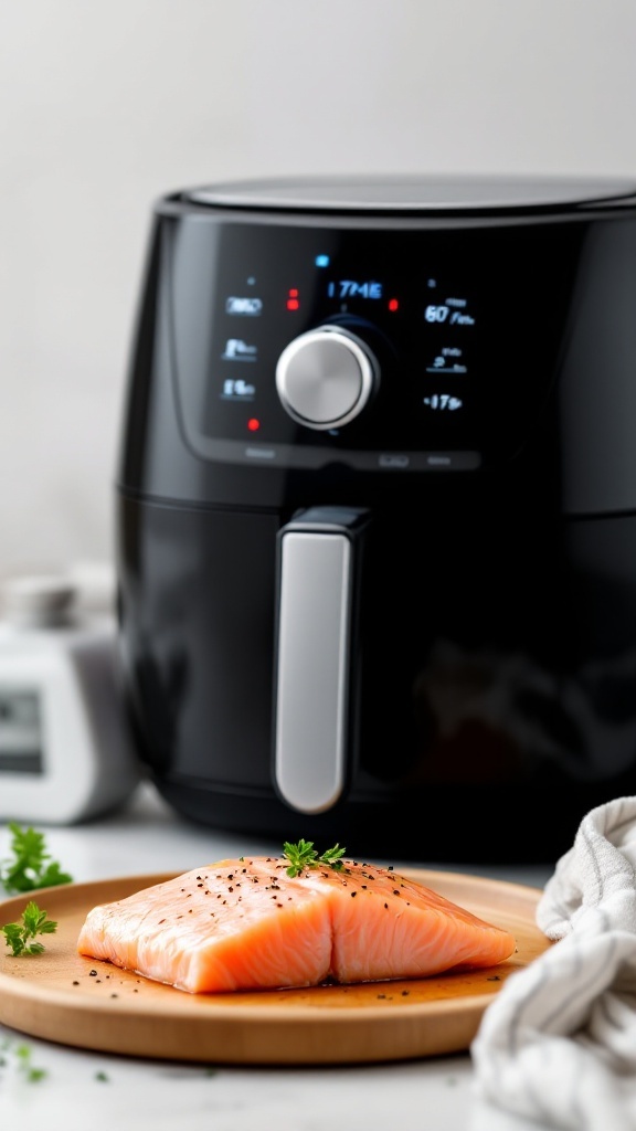 An air fryer with fresh fish fillets prepared for cooking.