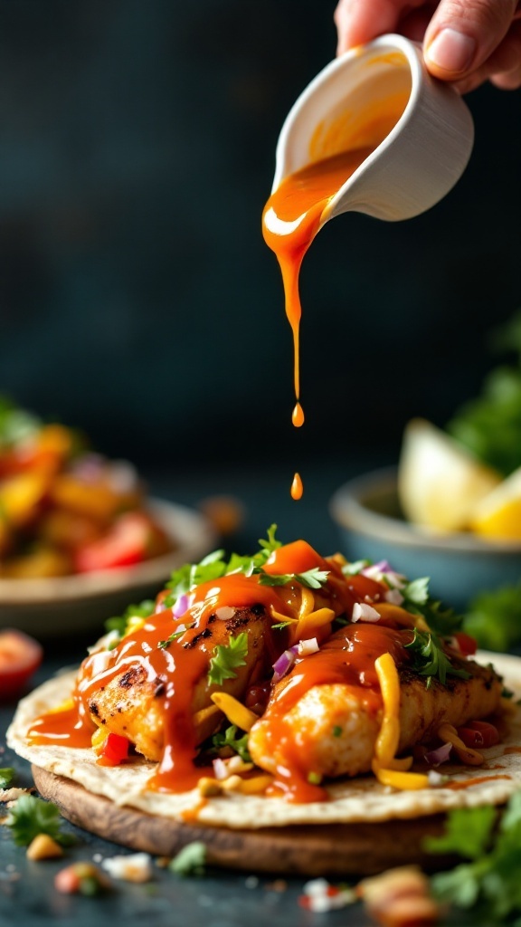 A person drizzling spicy chipotle sauce over crispy fish tacos topped with cilantro, onions, and cheese.