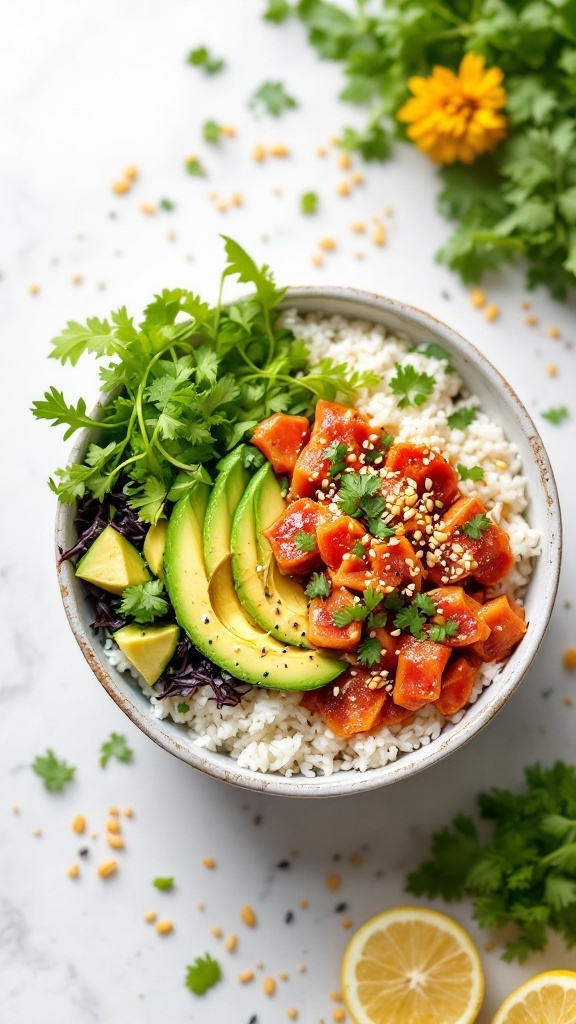 A bowl filled with spicy tuna, avocado, seaweed, and rice garnished with sesame seeds and cilantro.