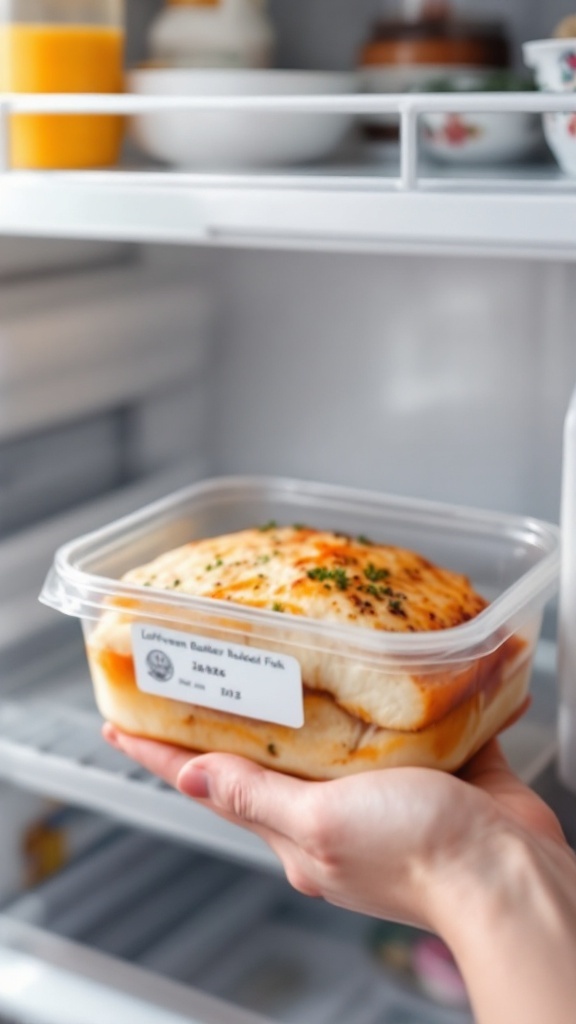 A container with baked fish and tomatoes in a refrigerator