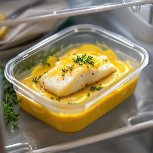 A container of Lemon Butter Baked Cod with lemon sauce