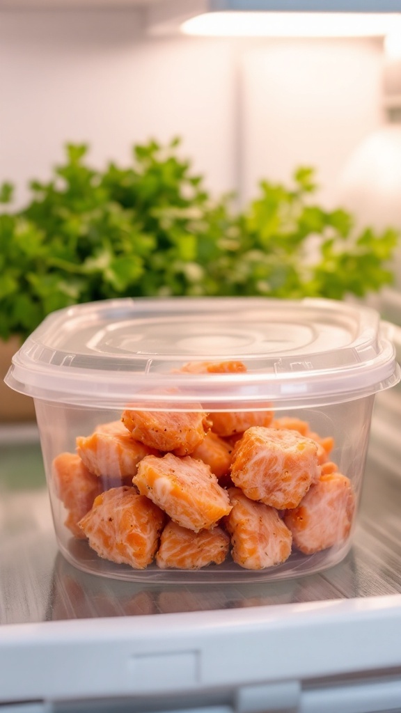 A container filled with salmon bites in a refrigerator, surrounded by fresh herbs.