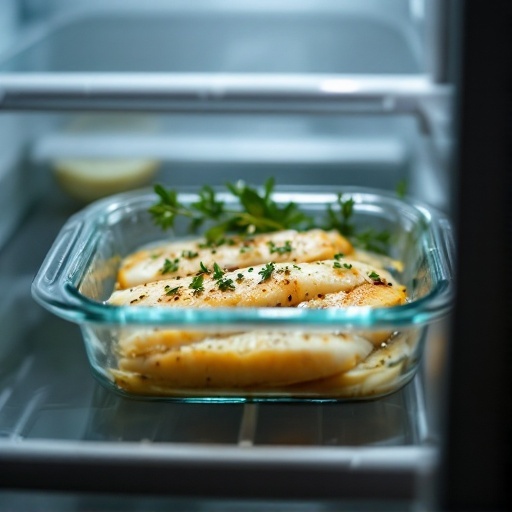 Garlic butter tilapia fillets in a glass storage container in the refrigerator