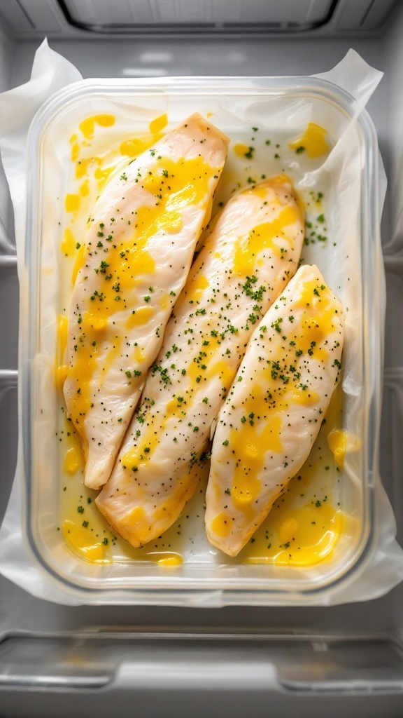 A container with three fish fillets topped with lemon butter sauce