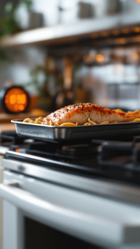 A close-up of baked fish with cherry tomatoes on a baking dish.