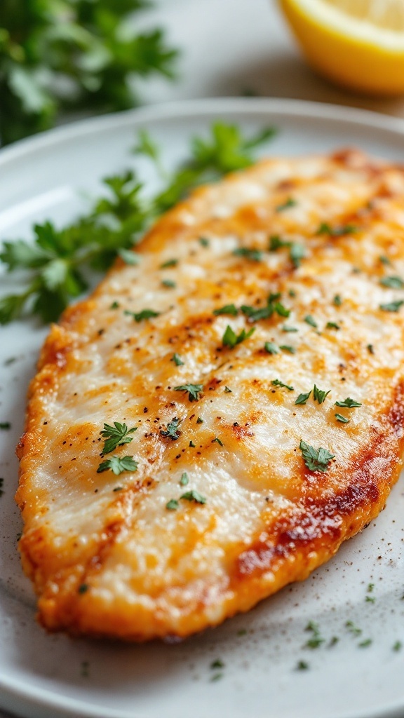 Crispy air fryer fish dish with fresh herbs and lemon