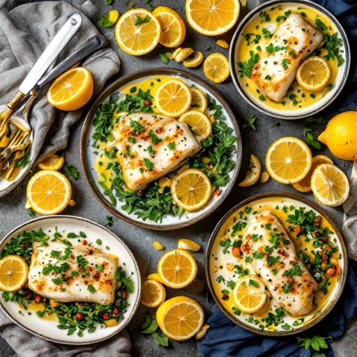 Delicious plates of Lemon Butter Baked Cod garnished with fresh herbs and lemon slices