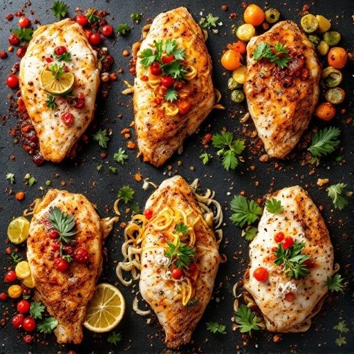 A variety of baked tilapia dishes with colorful toppings and garnishes.