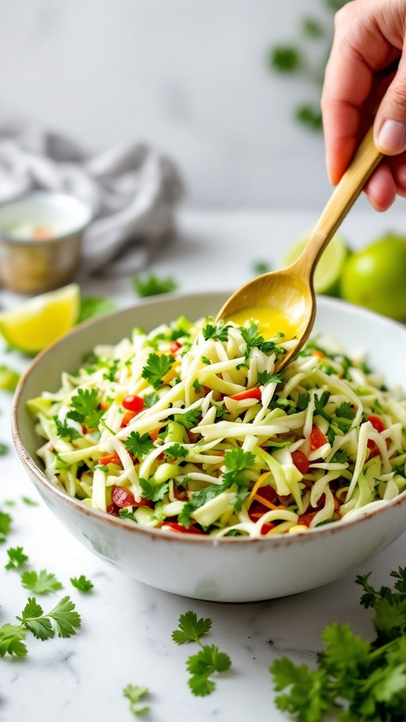 A bowl of vibrant cilantro lime slaw with shredded cabbage and fresh ingredients.