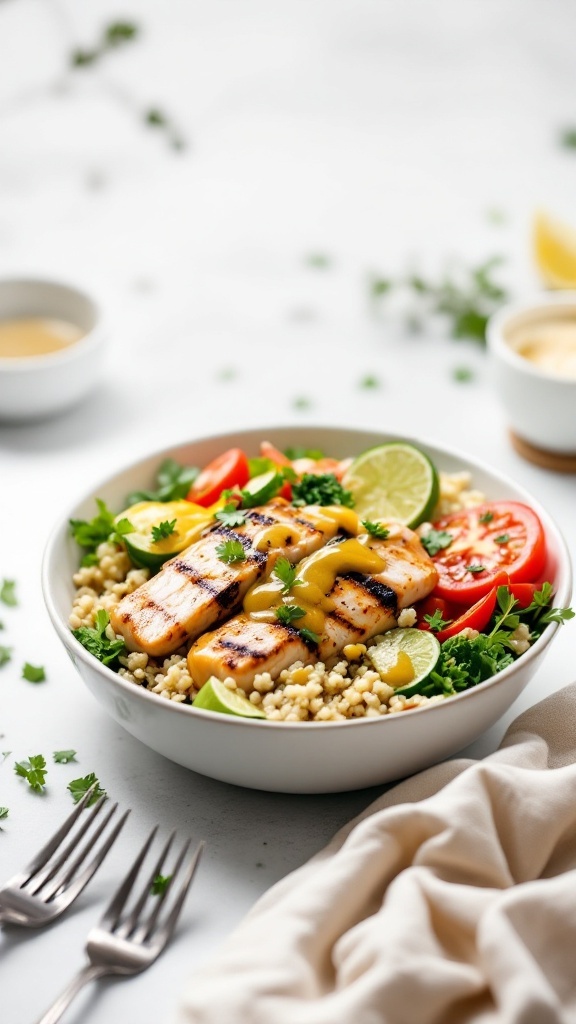 A colorful bowl of zesty fish and quinoa with vegetables.