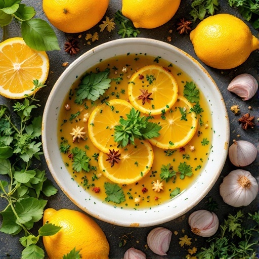 A vibrant lemon marinade with fresh herbs and spices for cod